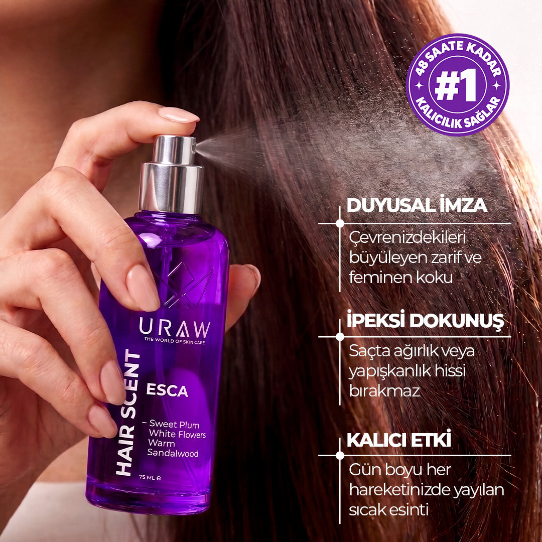 Esca Hair Scent | Saç Bakım Parfümü | Tatlı Erik, Beyaz Çiçek ve Sandal Ağacı Notalı Saç Parfümü 75 ML