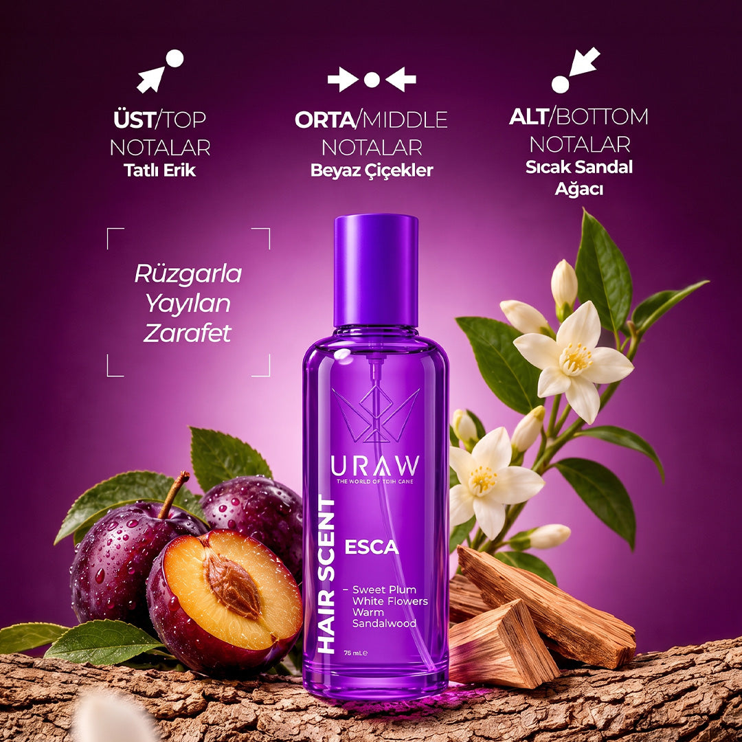 Esca Hair Scent | Saç Bakım Parfümü | Tatlı Erik, Beyaz Çiçek ve Sandal Ağacı Notalı Saç Parfümü 75 ML