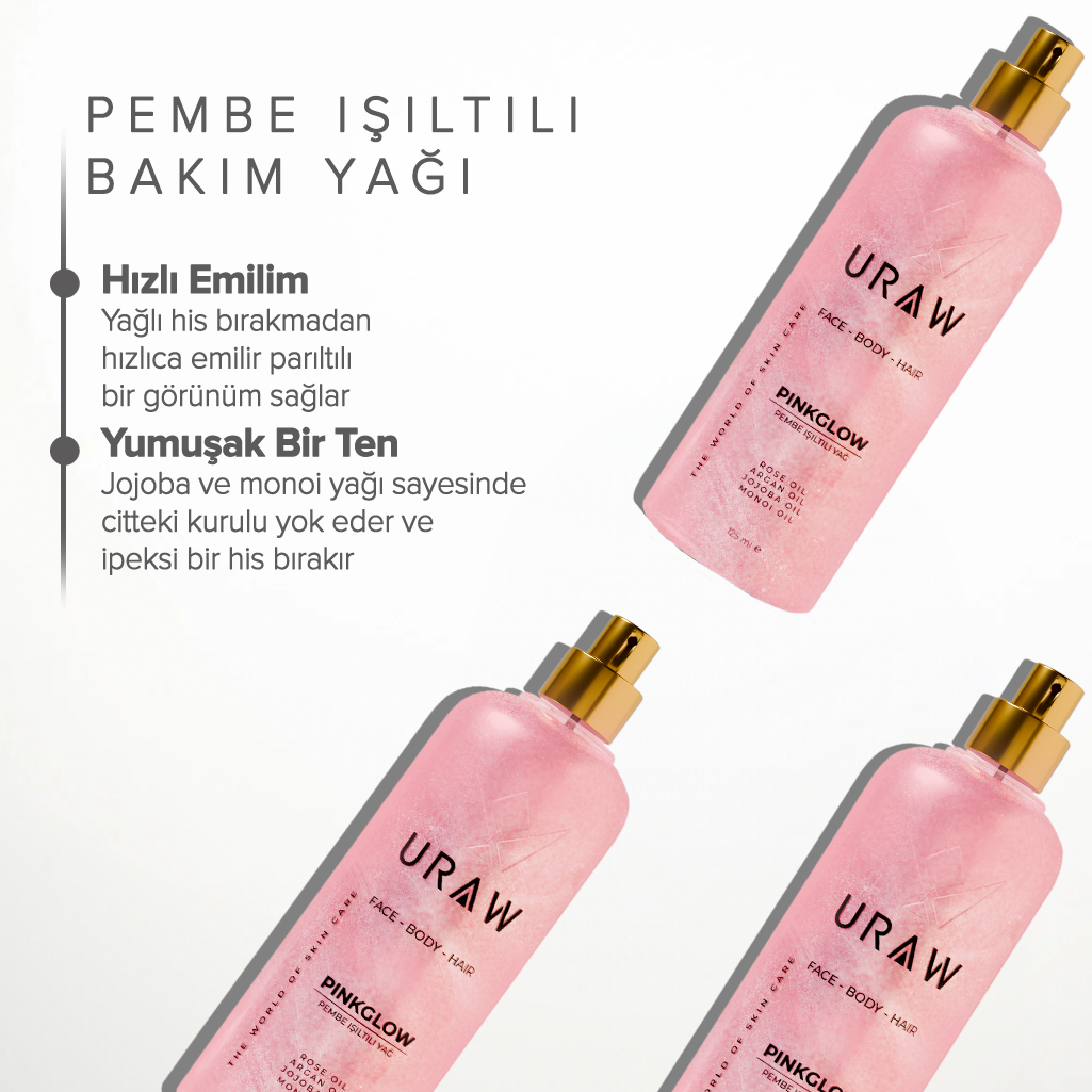 URAW Pink Glow Pembe Işıltılı Yağ | Yüz, Vücut ve Saç İçin Çok Amaçlı Bakım Yağı