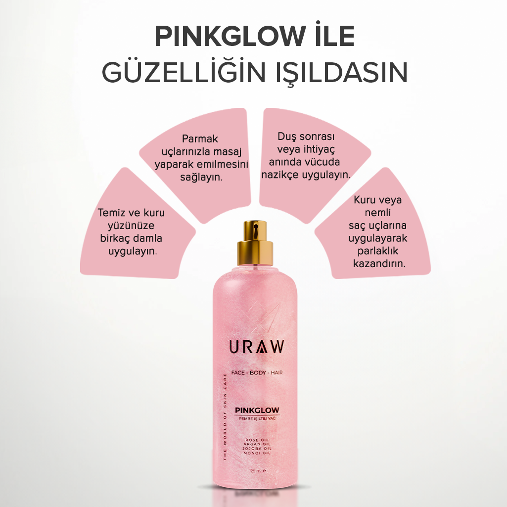 URAW Pink Glow Pembe Işıltılı Yağ | Yüz, Vücut ve Saç İçin Çok Amaçlı Bakım Yağı