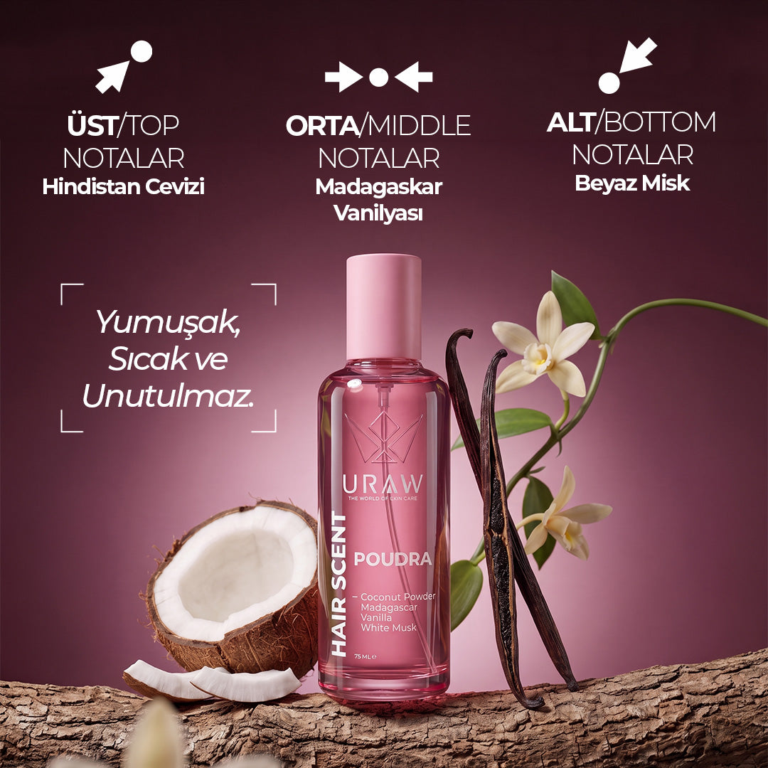 Poudra Hair Scent | Saç Bakım Parfümü | Hindistan Cevizi, Madagaskar Vanilyası ve Beyaz Misk Notalı Saç Parfümü 75 ML