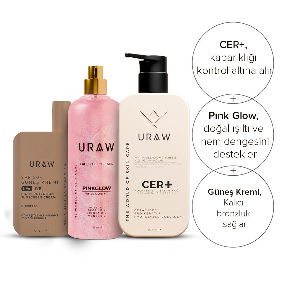 Tatil Bakım Seti : Güneş Koruyucu, Işıltılı Bakım Yağı ve CER Plus Saç Bakım Yağı