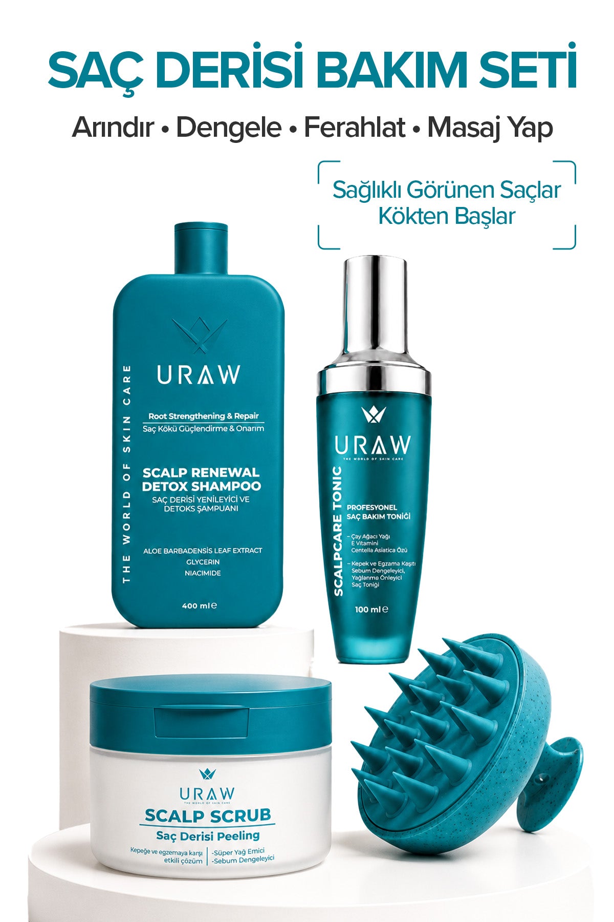 Saç Derisi Bakım Seti | Scalp Scrub + Detox Şampuan + Scalpcare Tonik + Masaj Tarağı | 4'lü Tam Bakım Seti